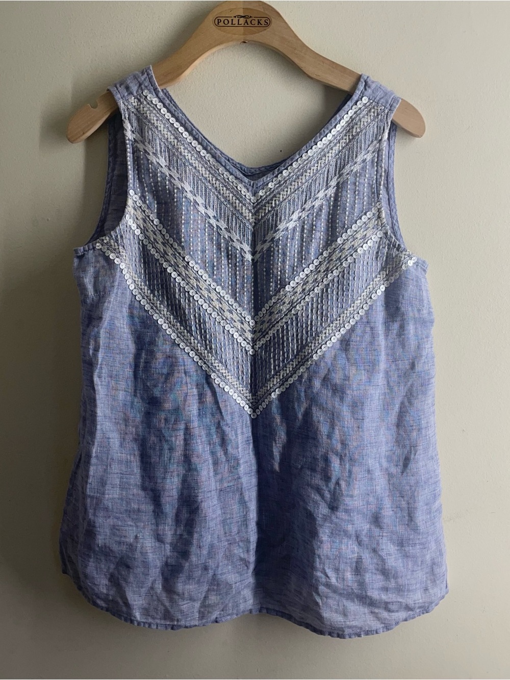 NIC+ZOE Linen Tank Top Chambray Blue White Embroidered Sequin Boho Sleeveless XS